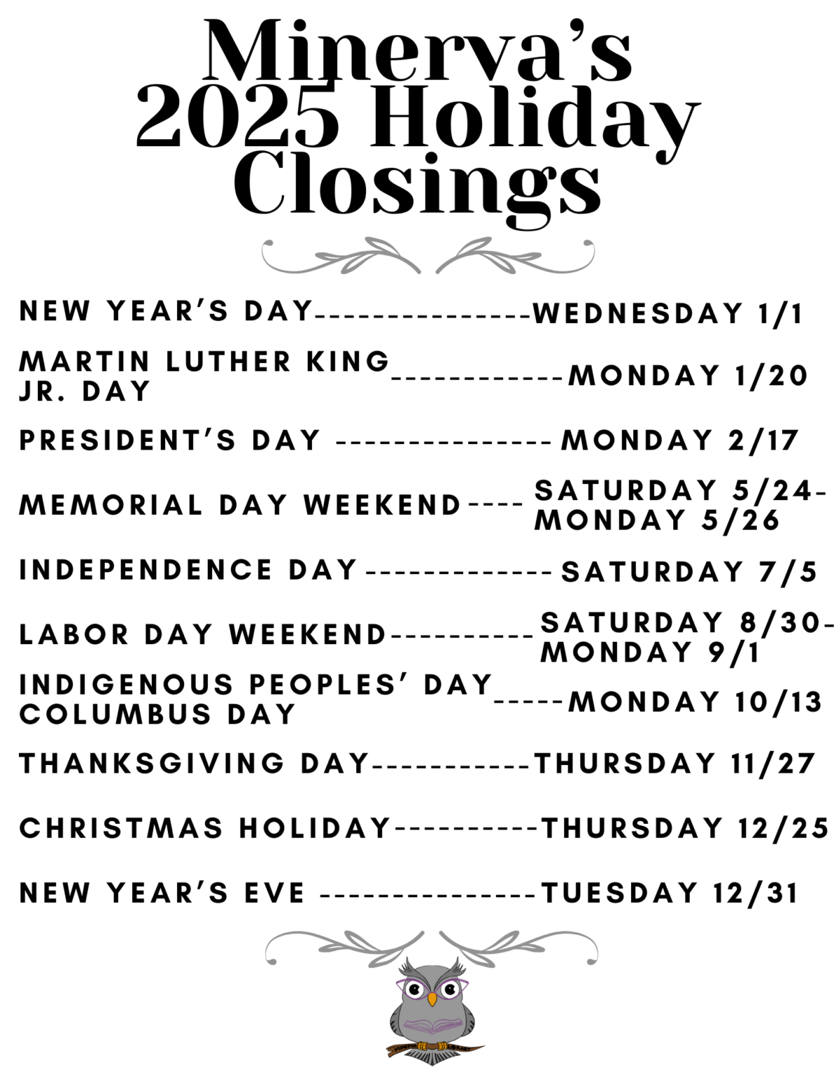 2025 Holiday Closing Schedule Minerva Free Library