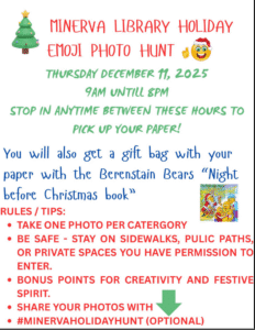 Minerva Library Holiday Emoji Photo Hunt December 11 9am-8pm stop in anytime for a paper describing event